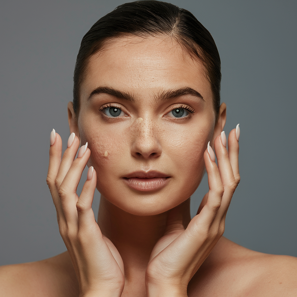 A close-up photo of clear, smooth skin with a focus on acne treatment products.