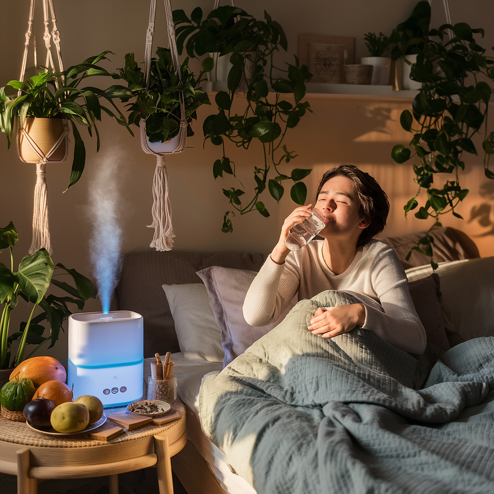 A cozy bedroom with a person drinking water, surrounded by plants and a humidifier, incorporating fruits and vegetables, photo, warm and inviting color palette, relaxed expression on the person's face, soft diffused lighting to create a calming atmosphere