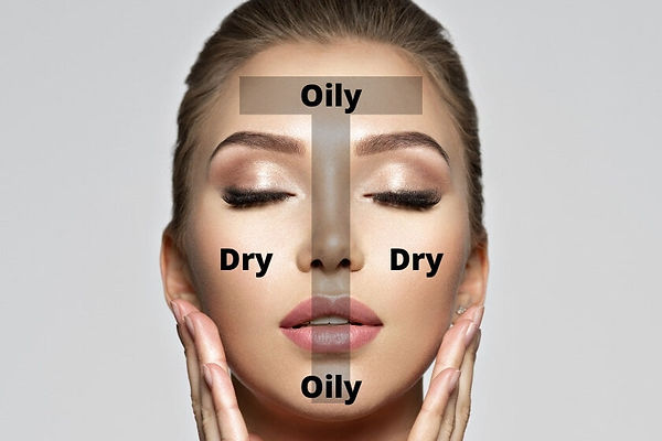 A person shows oily T-zone and dry cheeks, indicating combination skin.