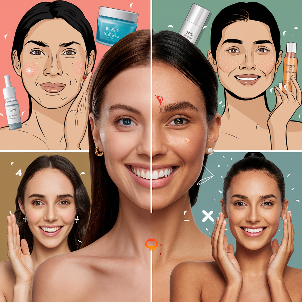 A collage of before and after images showcasing the transformation of dry skin to glowing complexion, with skincare products in the background, Digital illustration, bright and vibrant colors for the after image, neutral tones for the before image, happy and confident expressions in the after image, balanced lighting to highlight the changes,