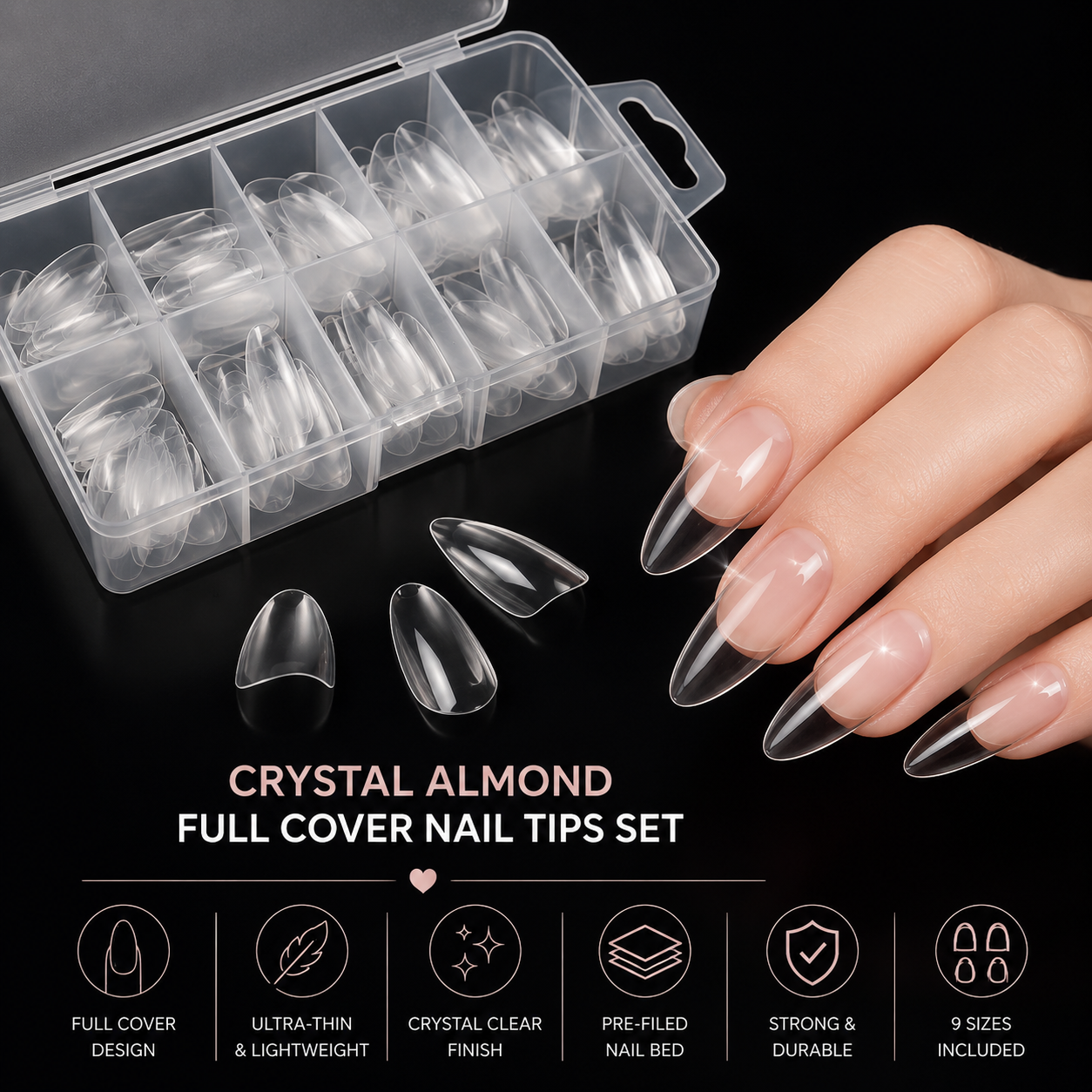 Crystal Almond Full Cover Nail Tips Set