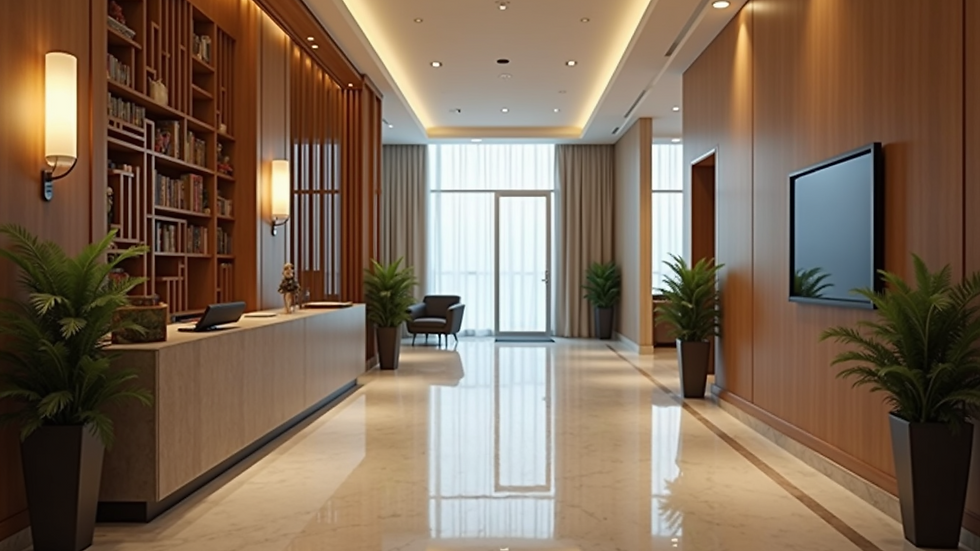Close-up de una recepción de hotel con decoración moderna y elegante