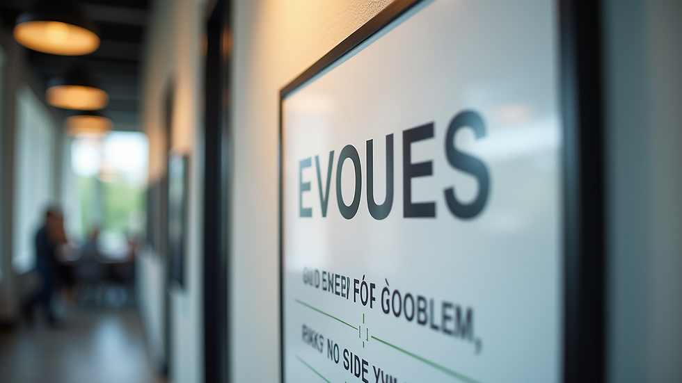 Close-up of a company values poster on a wall