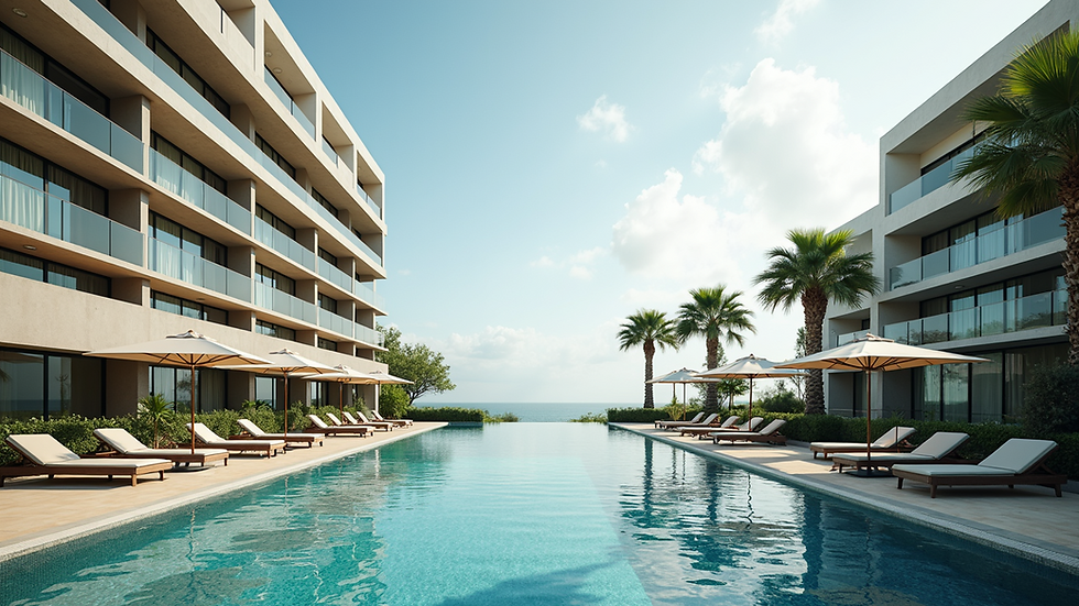 Vista panorámica de un hotel moderno en México con piscina y áreas verdes