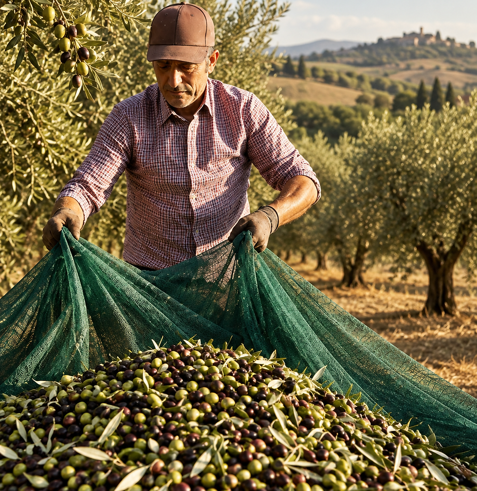 Traditional hand harvesting of olives in Puglia