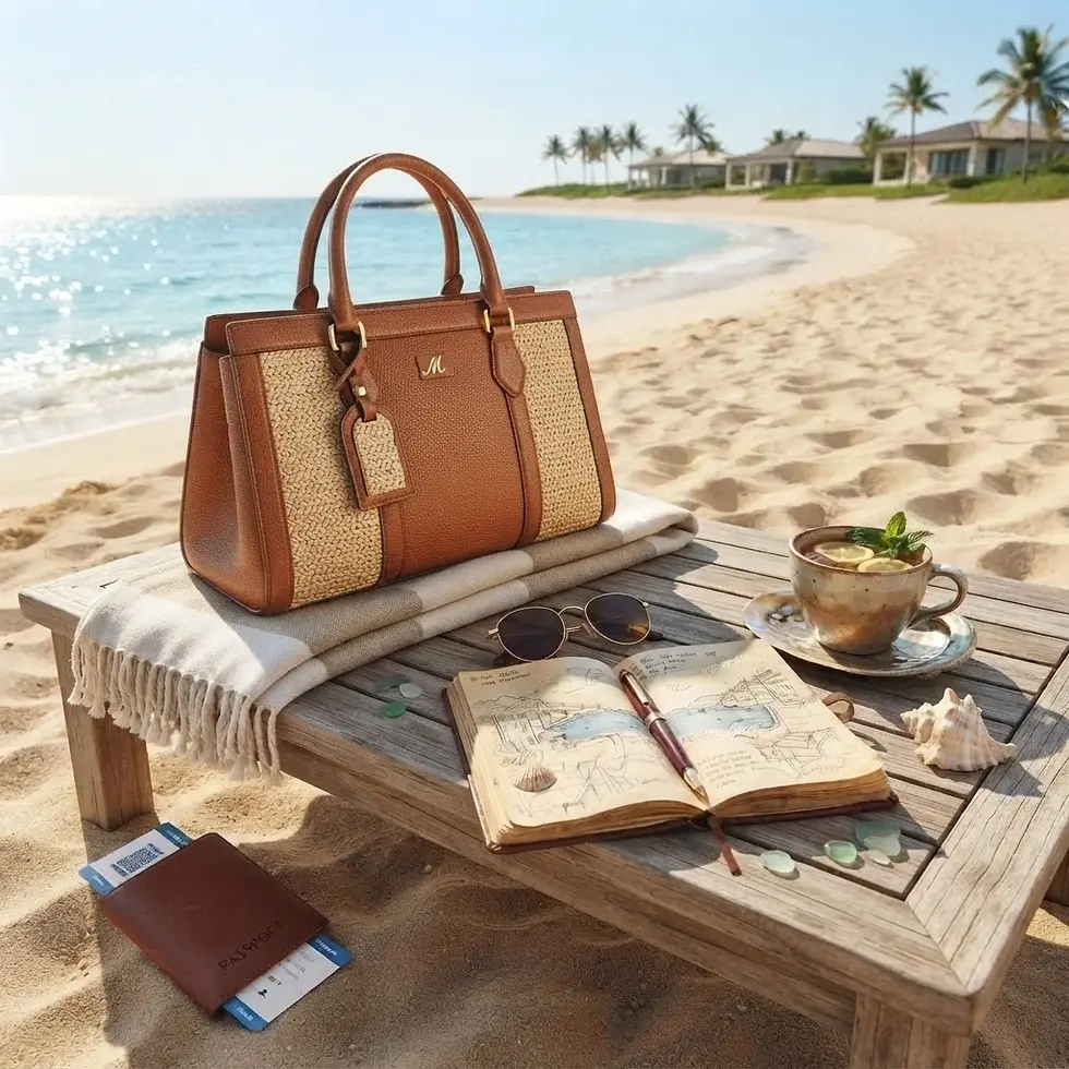 Packshot photography of a stylish leather and straw handbag with travel essentials on a beach table. The scene evokes a luxurious and relaxing vacation.