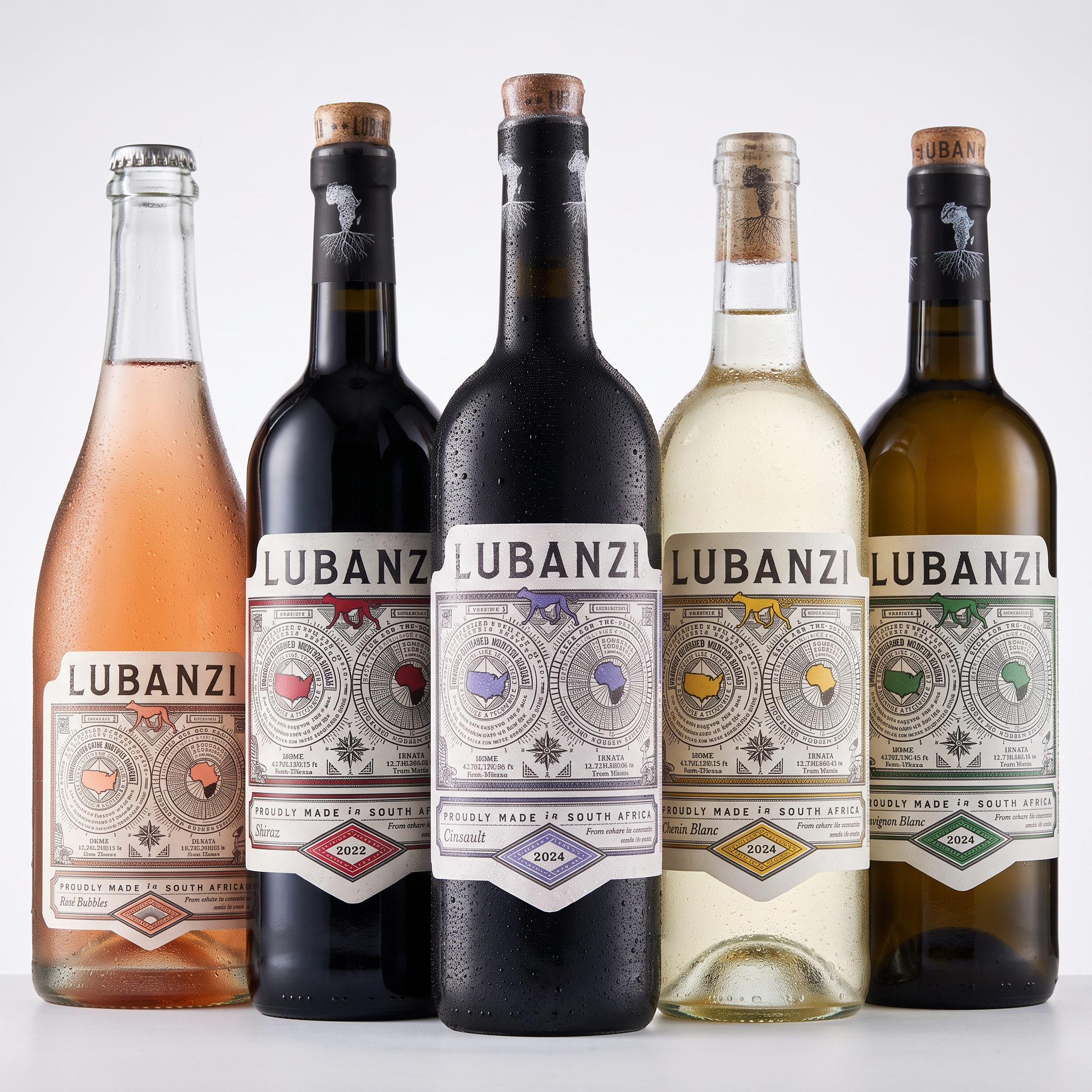 Collection of five Lubanzi South African wines, including Cinsault, Shiraz, Chenin Blanc, Sauvignon Blanc, and Rosé Bubbles.