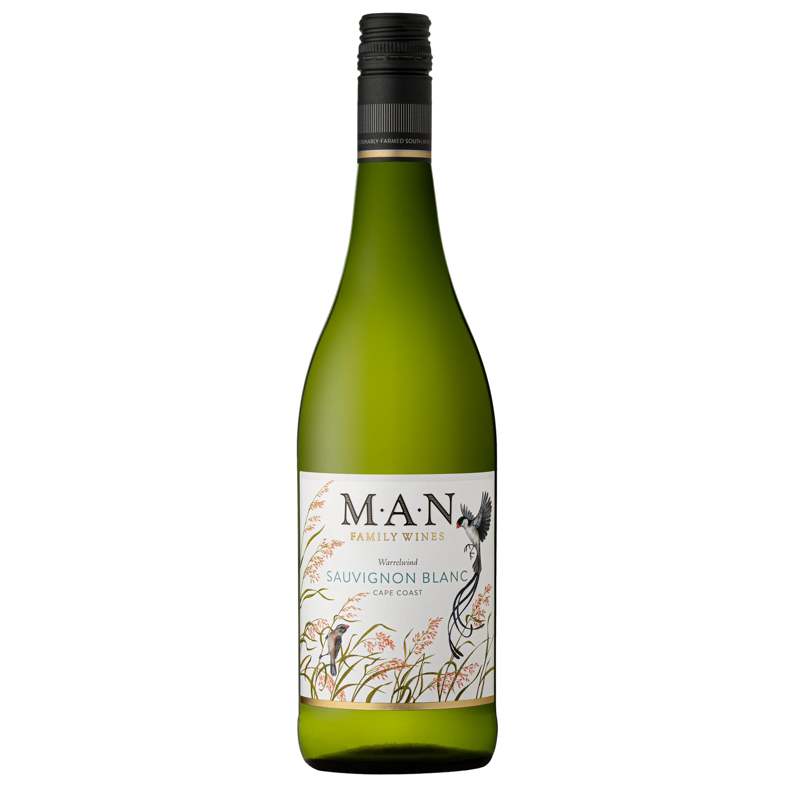 MAN Family Sauvignon Blanc bottle with a pale straw color, showcasing a crisp, tropical white wine from South Africa.