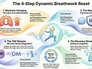 Infographic of a 4-step breathwork process: Rhythmic Charging, Retention, Recovery Breath, OM Release. Colorful waves and icons depict steps.