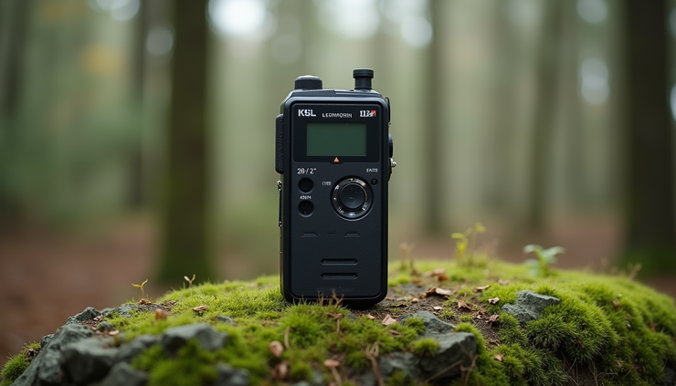 Close-up view of a nature sound recording device placed on a mossy rock