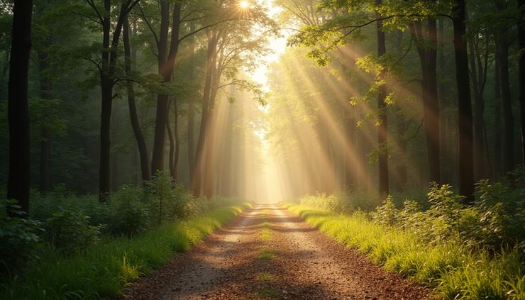 Eye-level view of a quiet forest path lined with trees and soft sunlight filtering through