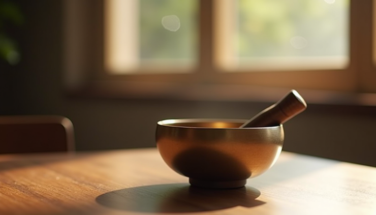 Eye-level view of a singing bowl resting on a wooden surface
