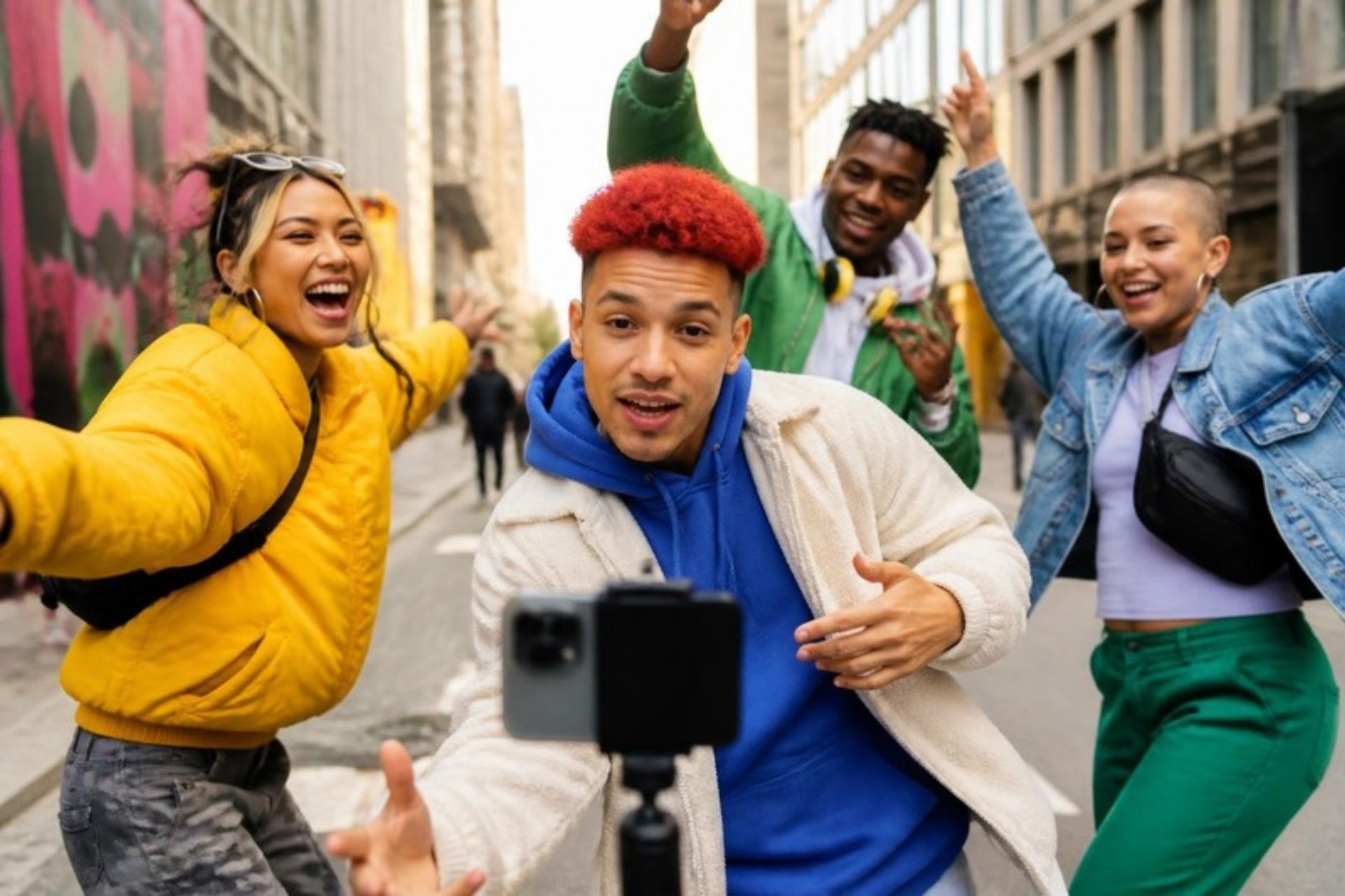 A creator filming on a city street