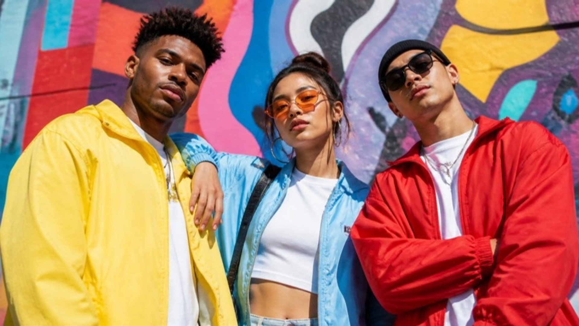 Young creatives in front of a colorful mural