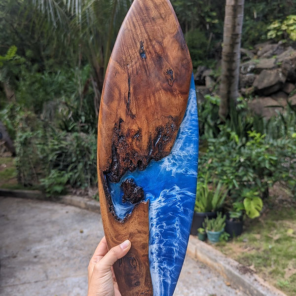 21 inch Monkeypod wood and Epoxy Resin Surfboard | Waimea Blue Gallery
