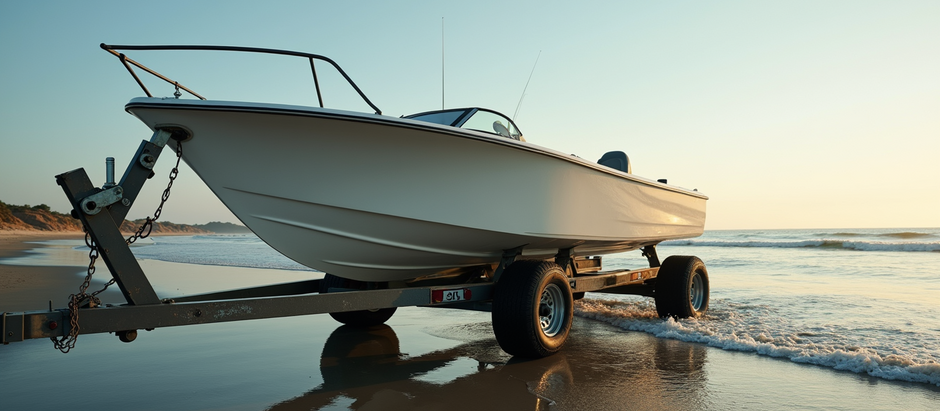 boat on trailer on beach with wave touching the wheels of the trailer