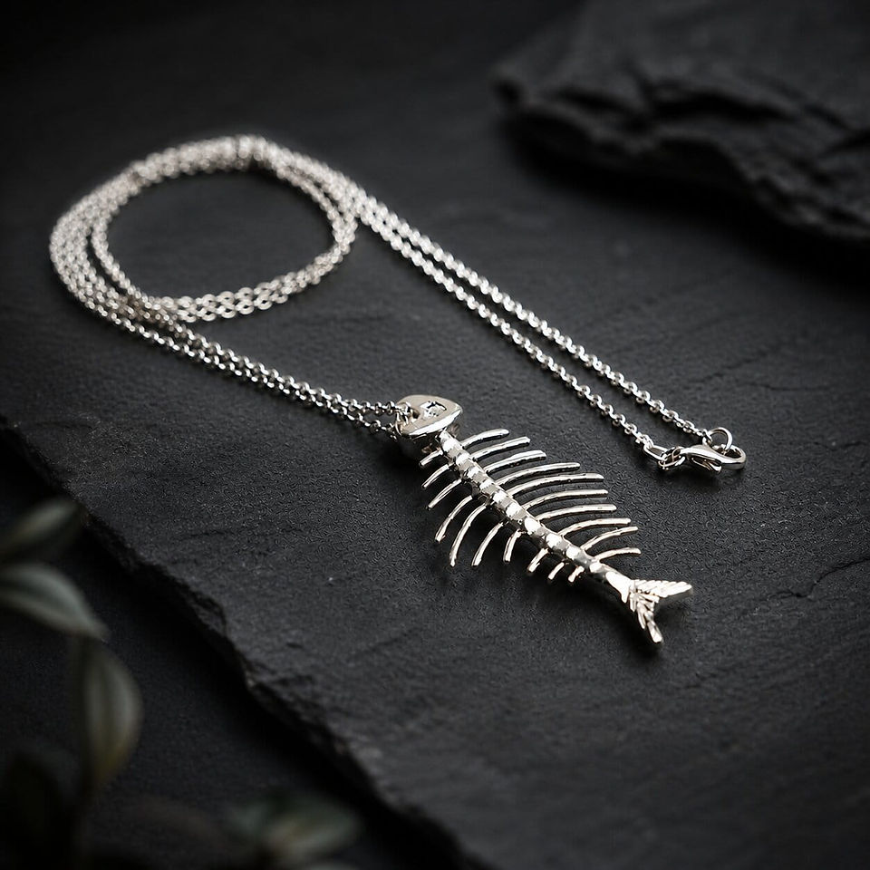 Highly detailed sterling silver skeleton fish pendant on a delicate silver chain, presented on a dark natural slate slab.