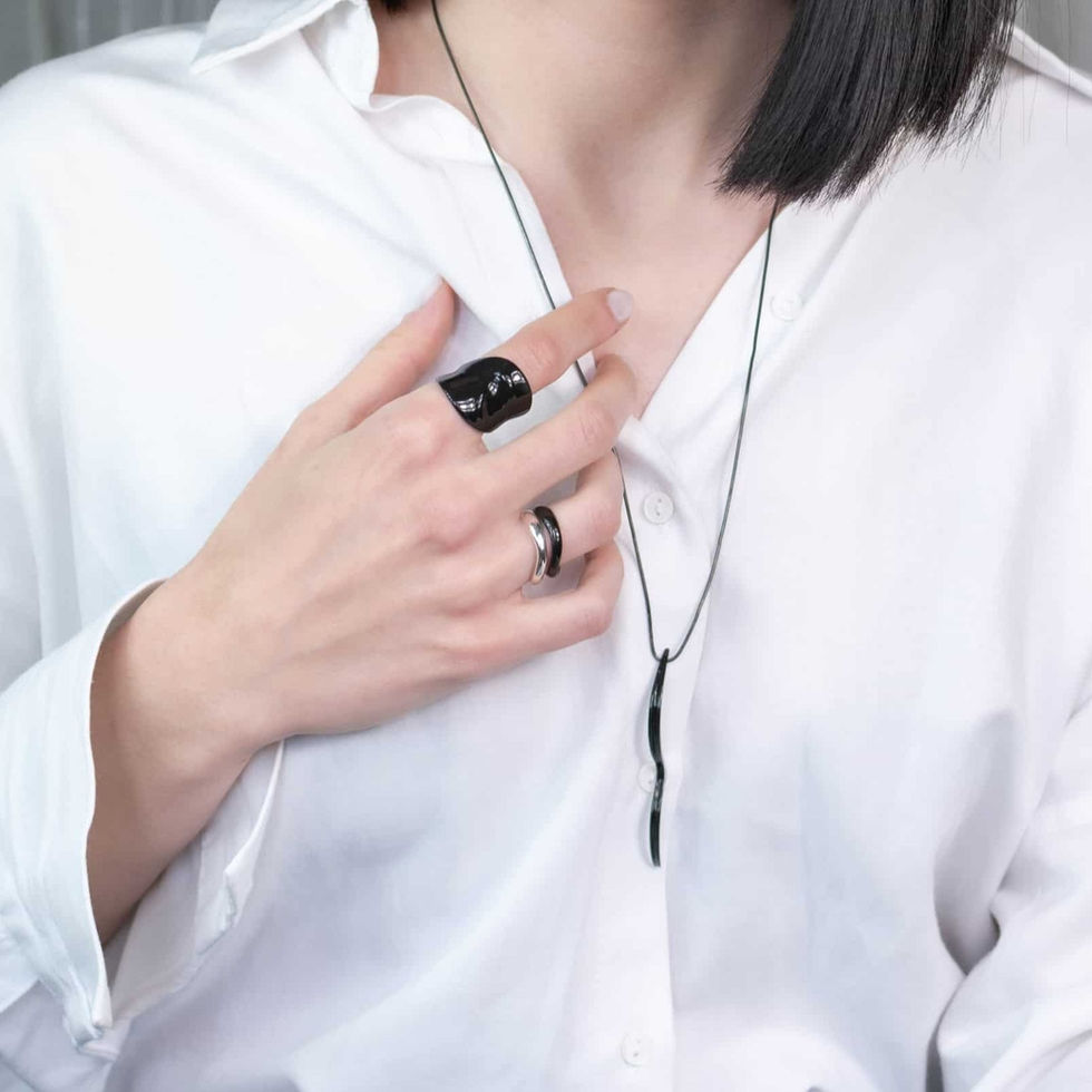 Modern stacking silver rings Ethos on woman finger contemporary minimal design