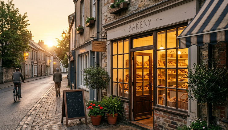 Wide-angle view of a small neighborhood bakery storefront before opening.