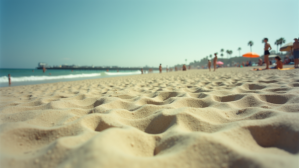 Eye-level view of sunbathers on the sandy shores of Pacific Beach