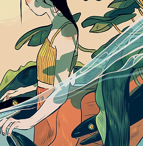 Sas Milledge's thumbnail image of a dark-haired girl, standing waist-deep in sea water. Her orange skirt is flowing in the water below the surface, as black eels swim past her skirt through the kelp. Above the surface, she's wearing a cropped yellow camisole. Behind her, sea plants jut into a yellow sky.    