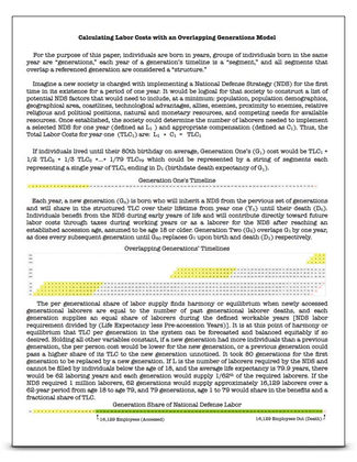 Clickable preview of the "Calculating Labor Costs with an Overlapping Generations Model" document, displaying the first page's text and timeline charts.