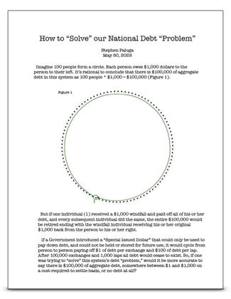 Clickable Title Page of the 'How to "Solve" our National Debt "Problem"' document, showing pages with text, flowcharts, and structural diagrams of the U.S. financial system.