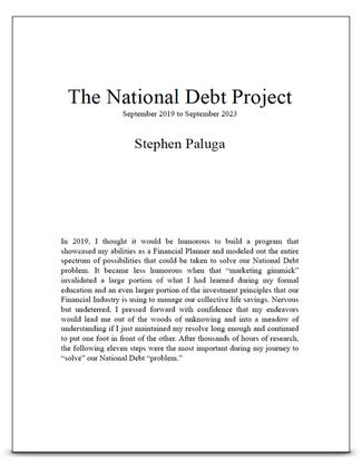 Clickable title page of "The National Debt Project" document by Stephen Paluga, showing pages with video links and overviews on solving the national debt.