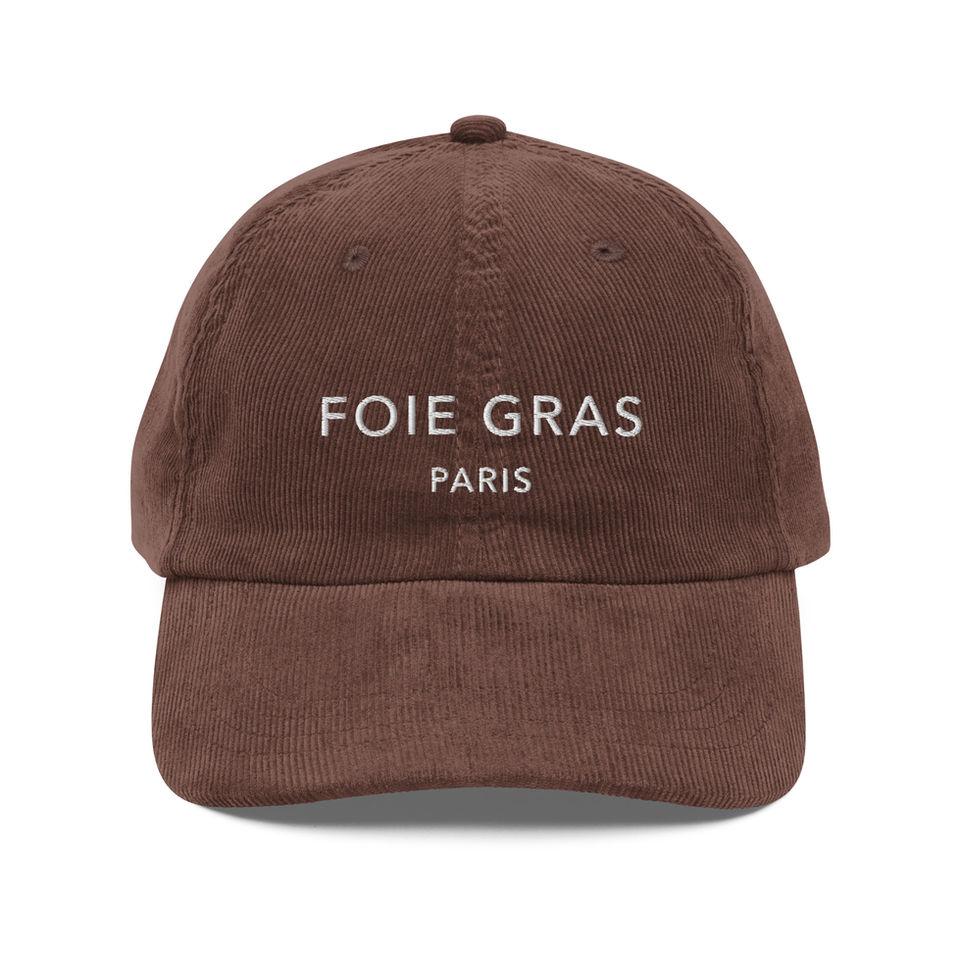 Brown "FOIE GRAS" Embroidered Corduroy Hat Front View