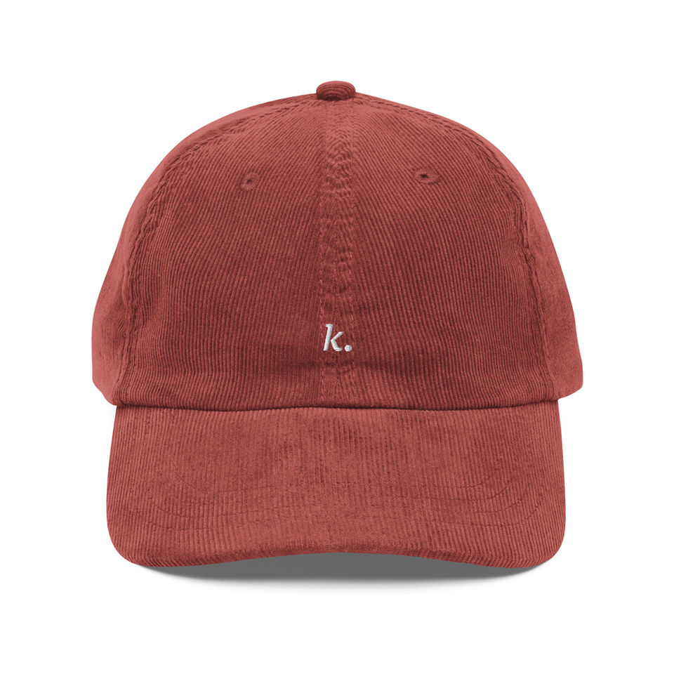 Red "k." Embroidered Corduroy Hat Front View