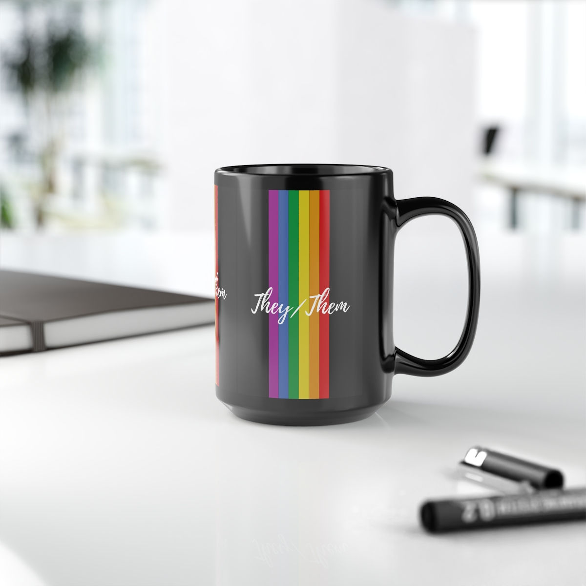 They/Them Pronoun Rainbow Black Mug, 15oz