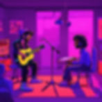 The songwriter and singer's conversation scene, in the studio, the color is neon with stro