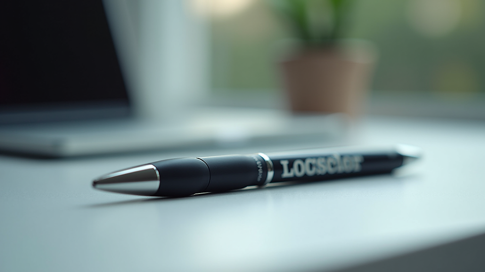 Close-up view of a branded promotional pen with clear logo
