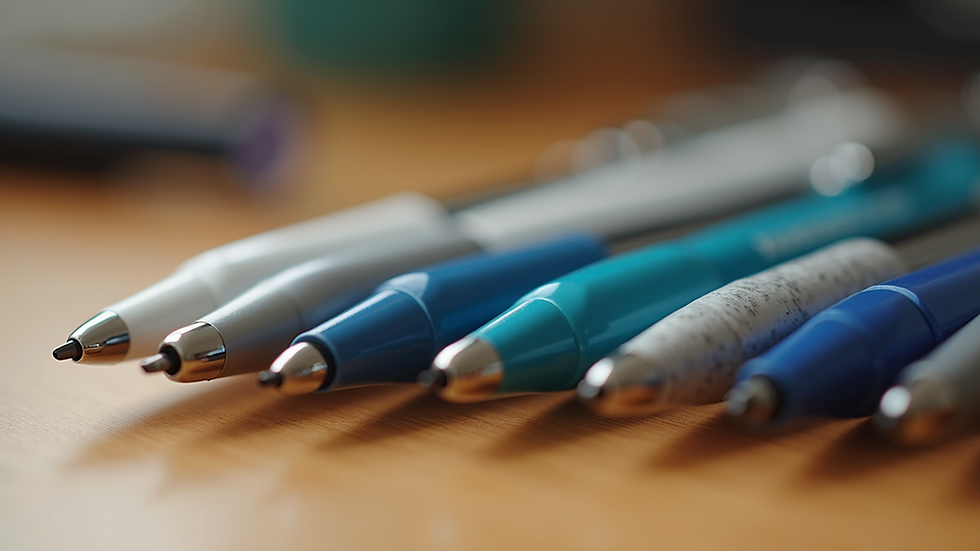 Eye-level view of branded promotional pens on a wooden desk