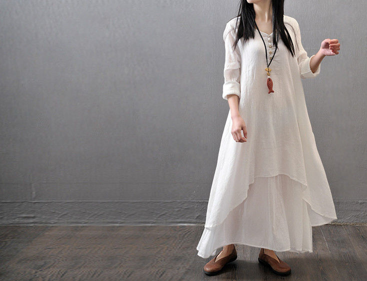 Thumbnail: Women Linen Loose Long Sleeve Modest Maxi Dress Round Neck