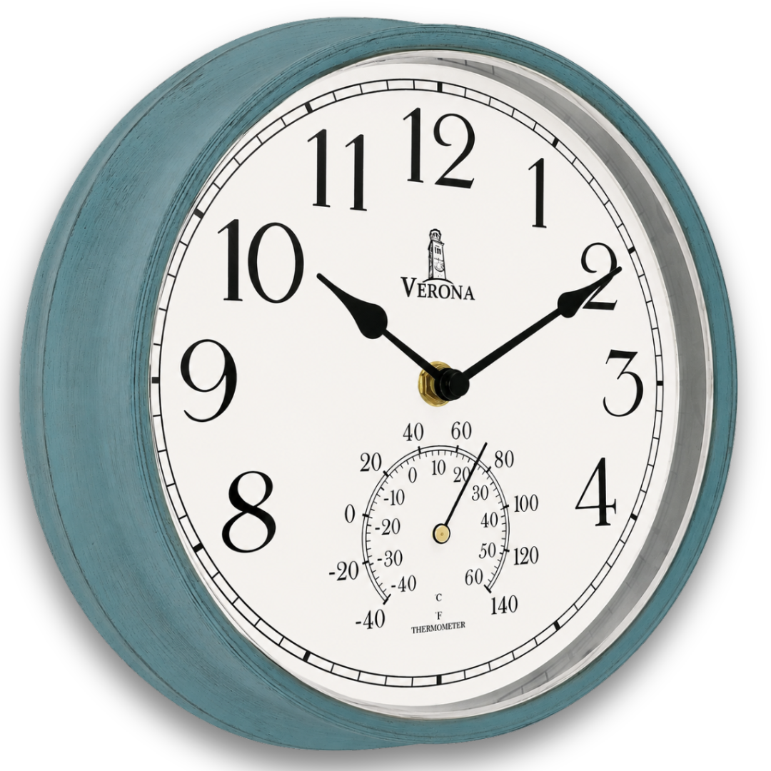 Outdoor Clocks for Patio Waterproof with Thermometer — Teal 9.5 Inch