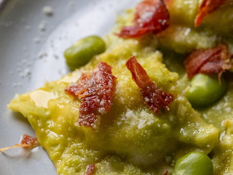 CREAMY RAVIOLI WITH FAVA BEANS AND SPECK