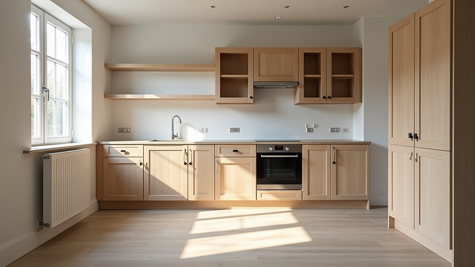 Wide angle view of a kitchen under renovation with cabinets and flooring being installed