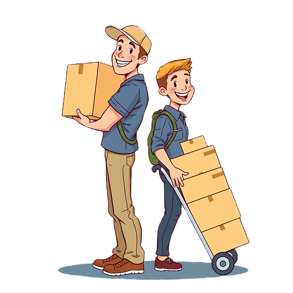 Two smiling movers standing back to back