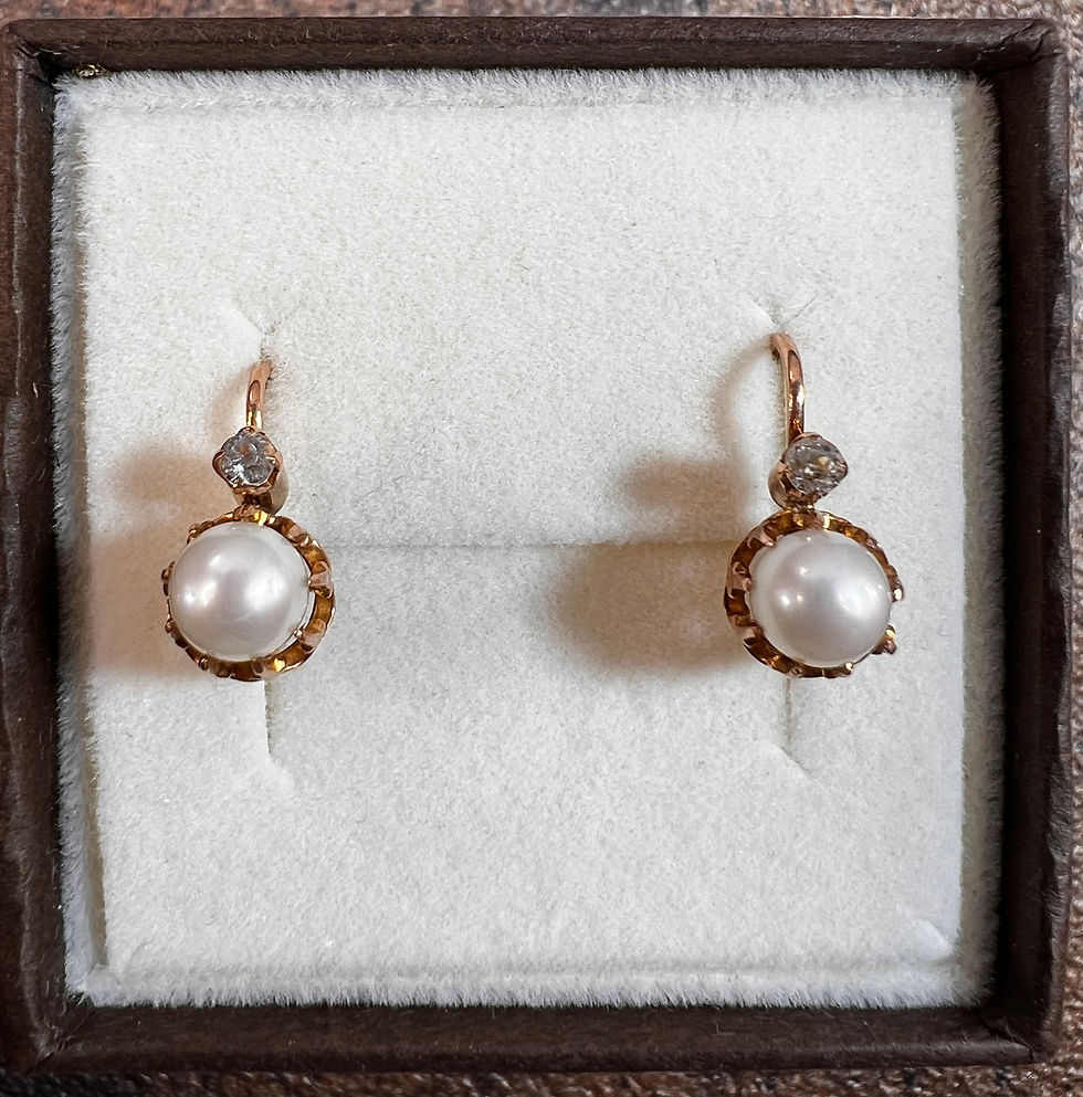 Złote kolczyki Art Deco z perłami i białymi szafirami 750, różowe złoto, francuskie kolczyki z perłami hodowanymi i jasnymi k