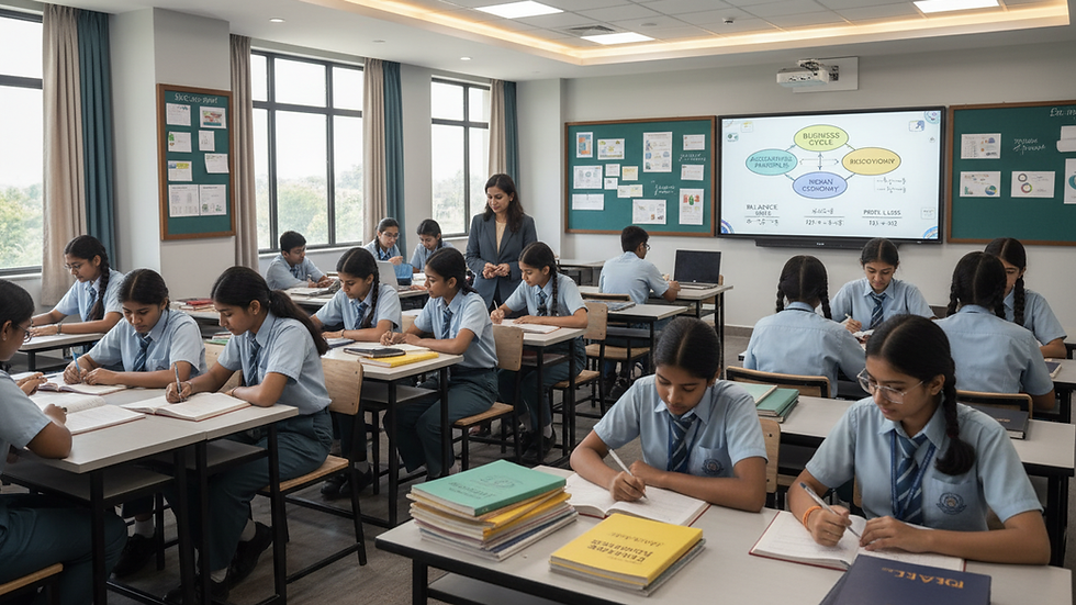 Eye-level view of a classroom with students studying commerce subjects