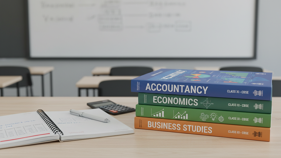 Close-up view of textbooks on Accountancy, Economics, and Business Studies stacked on a desk
