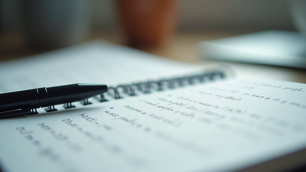 Close-up view of a notebook with solved maths problems and a pen