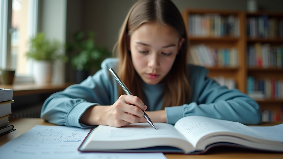 Eye-level view of a student studying maths with a textbook and notebook