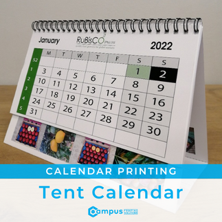 Rubico tent calendar with colorful fruit images standing on desk
