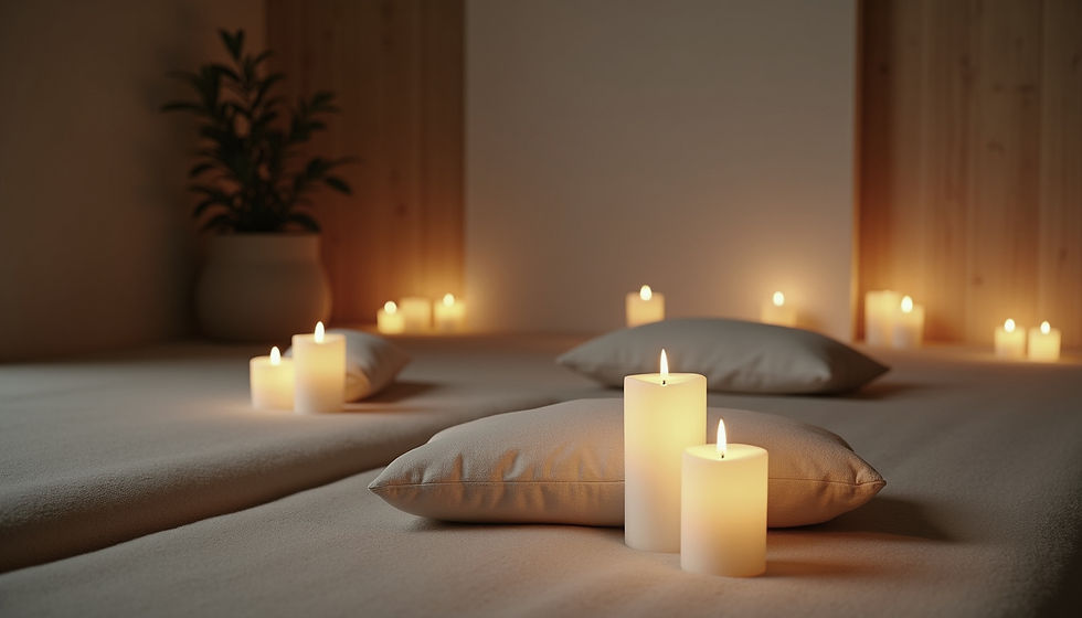 Relaxed room with tan mats and pillows and candles to add a calm feeling.