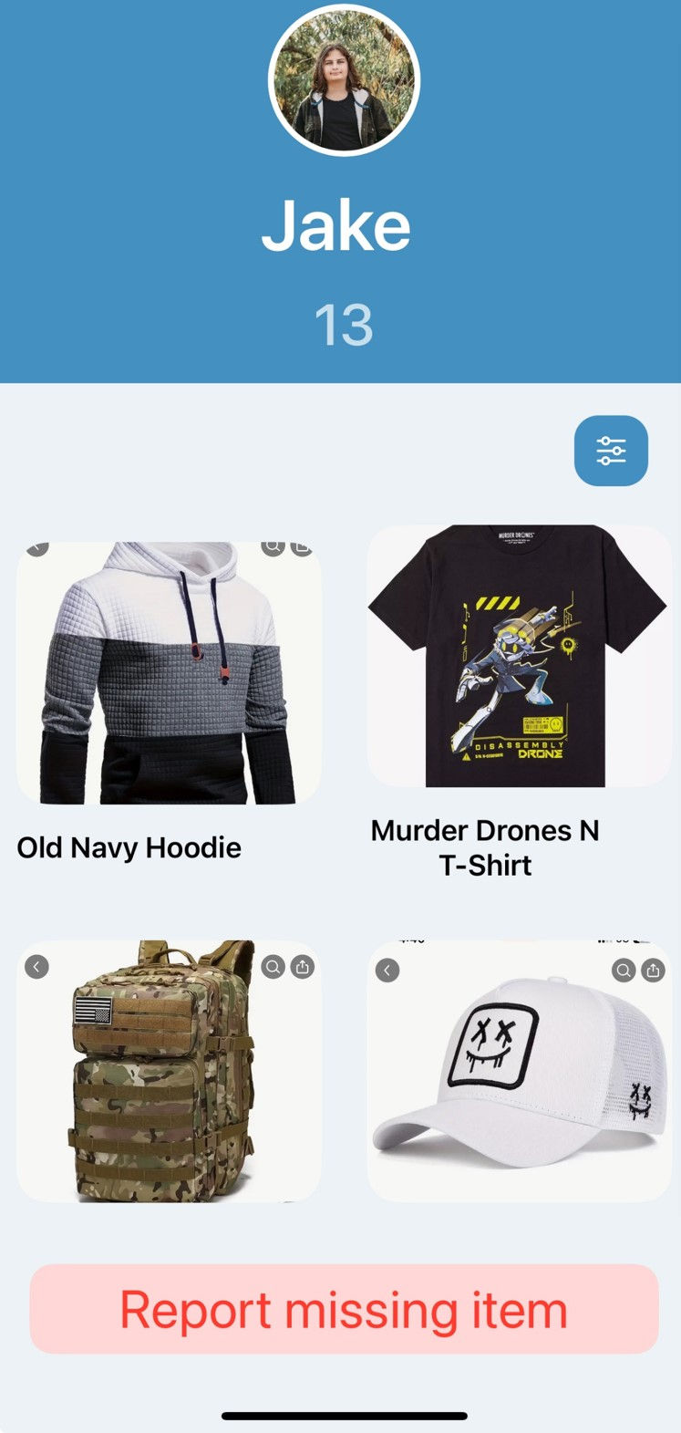 Clothing item screen with missing item reporting