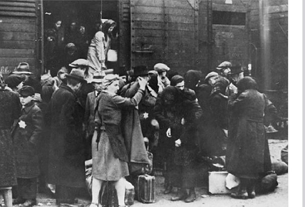 Jews disembarking from train at Auschwitz