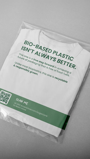 White sugarcane-based clear poly bag with green EcoEnclose branding and sustainability messaging, designed for internal apparel packaging.
McKenleigh Spitler | Packaging Design