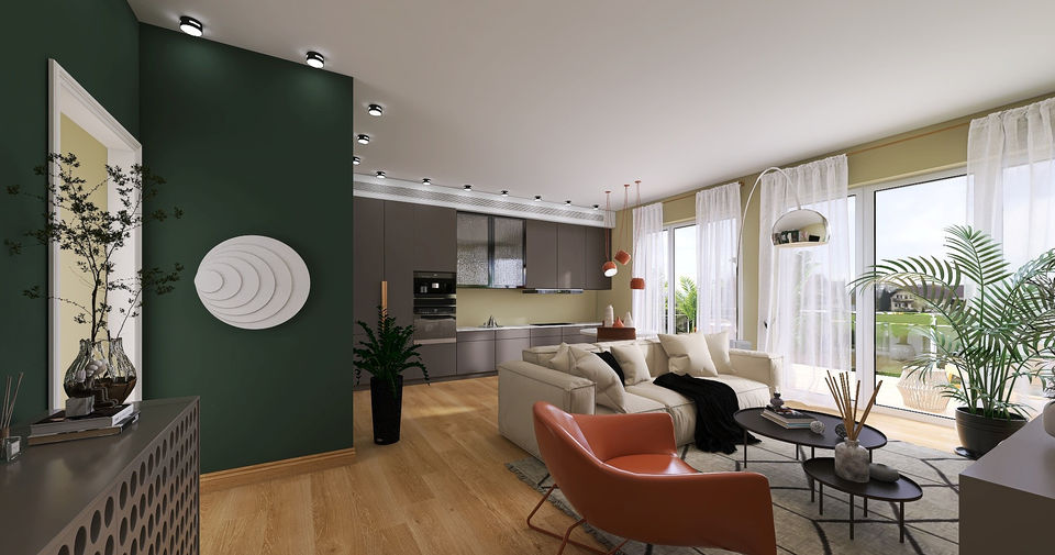 Soggiorno con divano e poltrona e cucina a vista. Dillo a Google